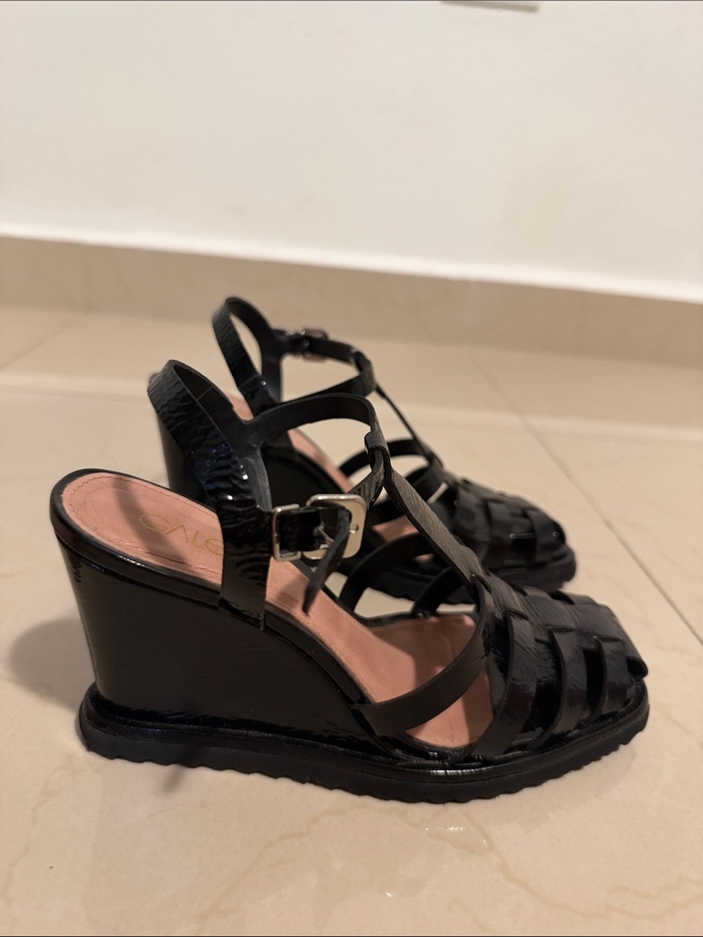 Women's Black Strappy Wedge Sandals